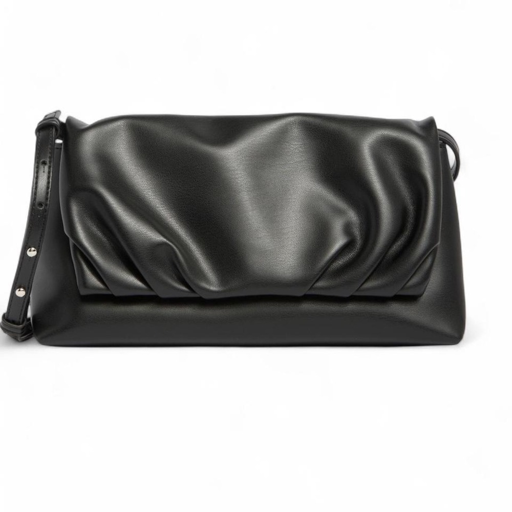 BCBG Black Leather Pleated Flap Shoulder Bag‎